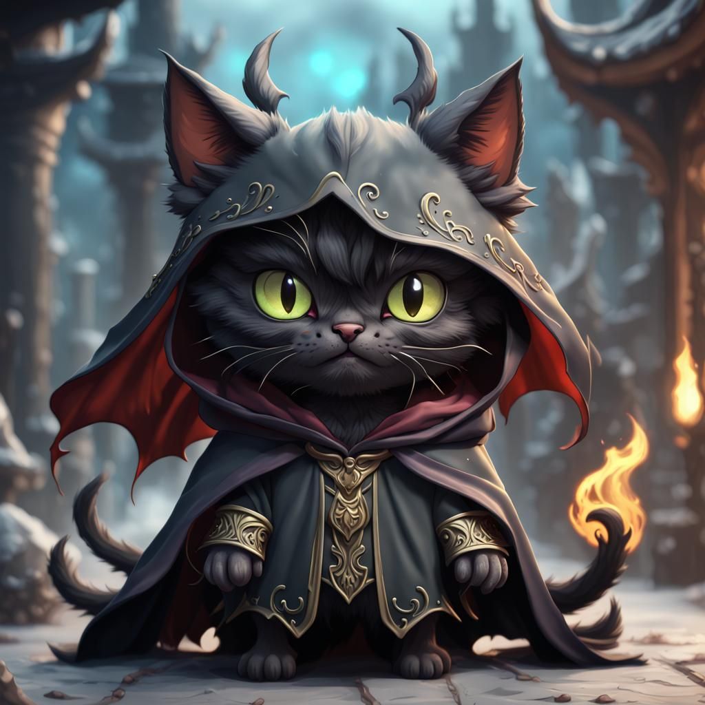 Chibi Demon Cat in Cloak: Detailed Matte Painting