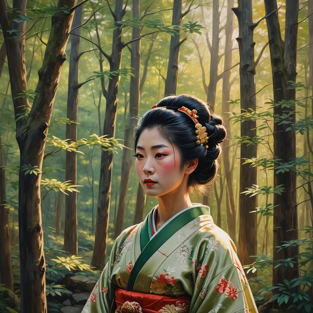 Geisha in Forest: Imaginative Realism Oil Painting