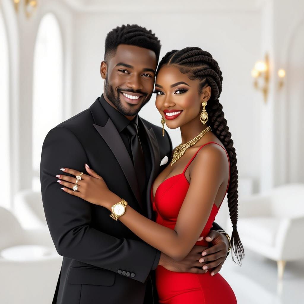 Elegant Black Couple Embrace in 1970s Style