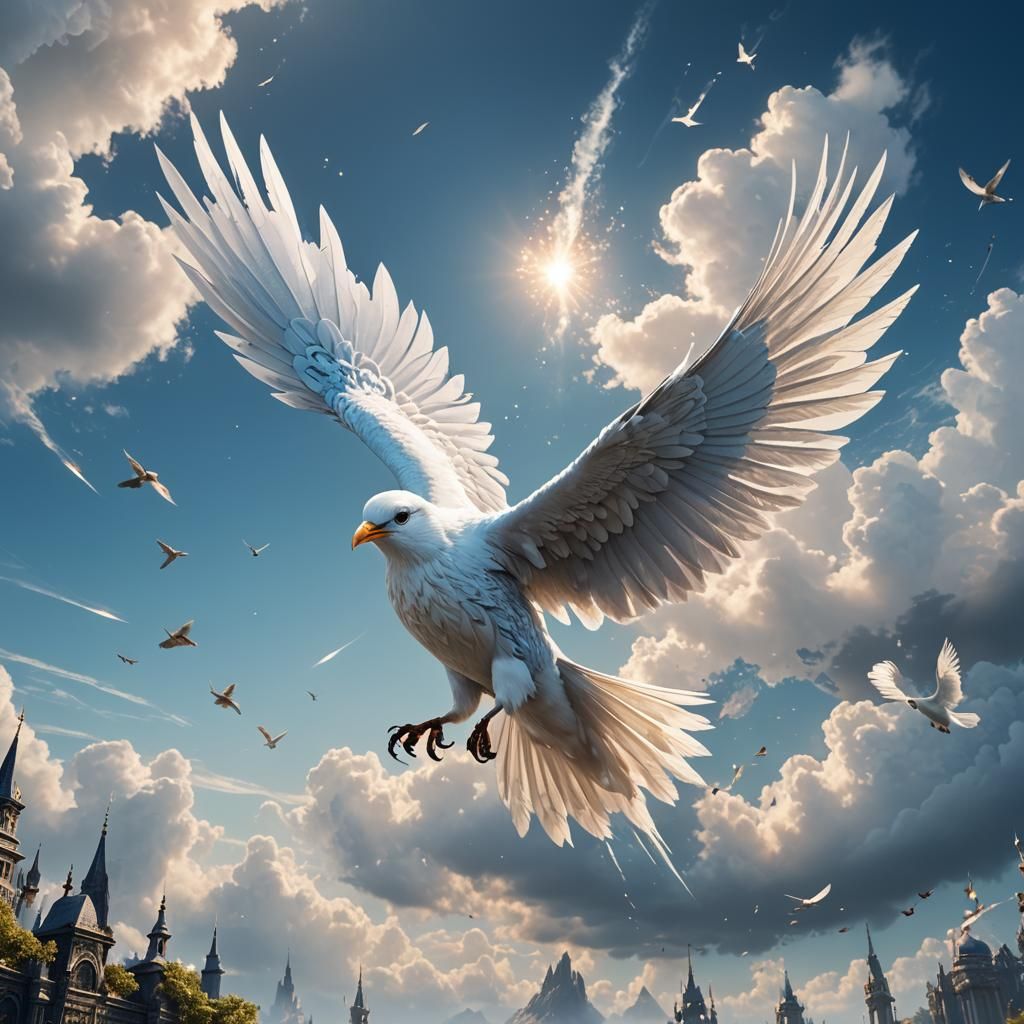 Ethereal White Bird Soaring in a Blue Sky