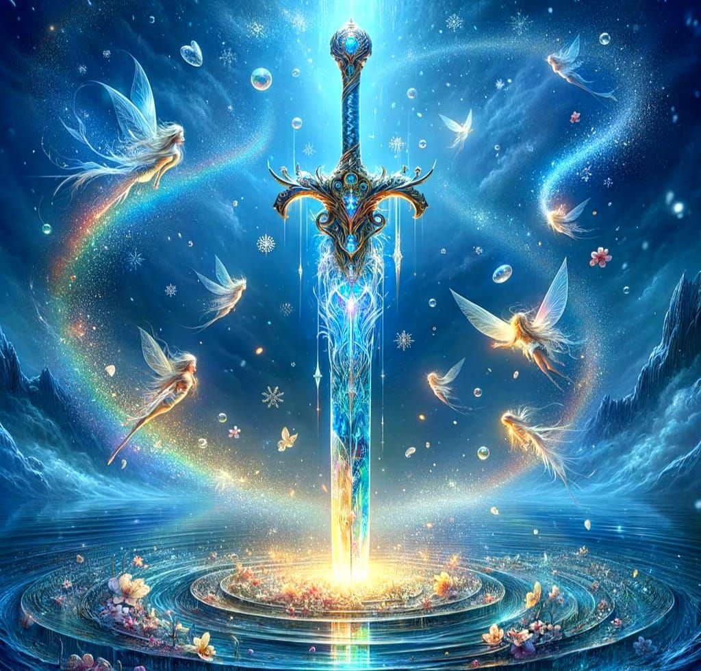 Ethereal Fae Water Sword in Whimsical Fantasy Style