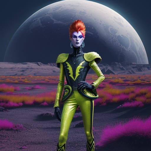 Woman as David Bowie on Alien Planet in Glam Rock Style