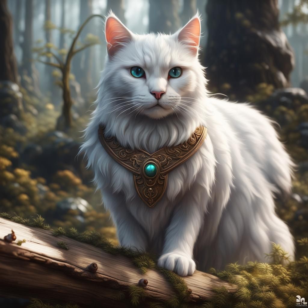 White Cat in Detailed Matte Painting, Fantasy Concept Art