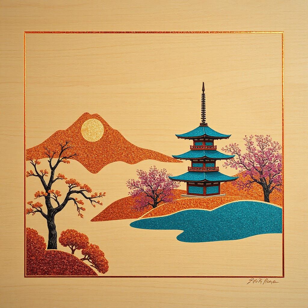 All gold glitter Japanese landscape with temple (teal, amber, and purple). etched on a polished wooden surface Japanese ...