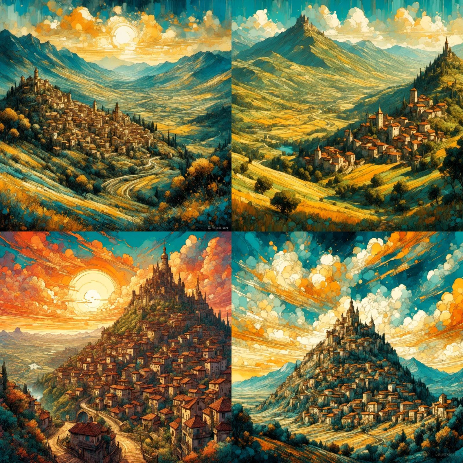 Ancient Greco-Roman City in Ink and Acrylic Style