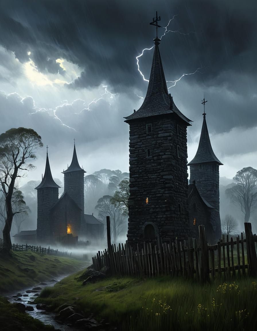 Ethereal Towers Rise in Storm, Chiaroscuro Oil Painting