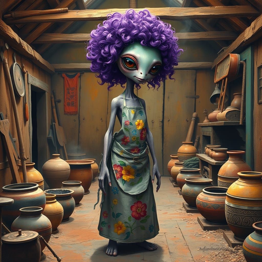 Whimsical Alien Potter in an Abstract Digital Art Style