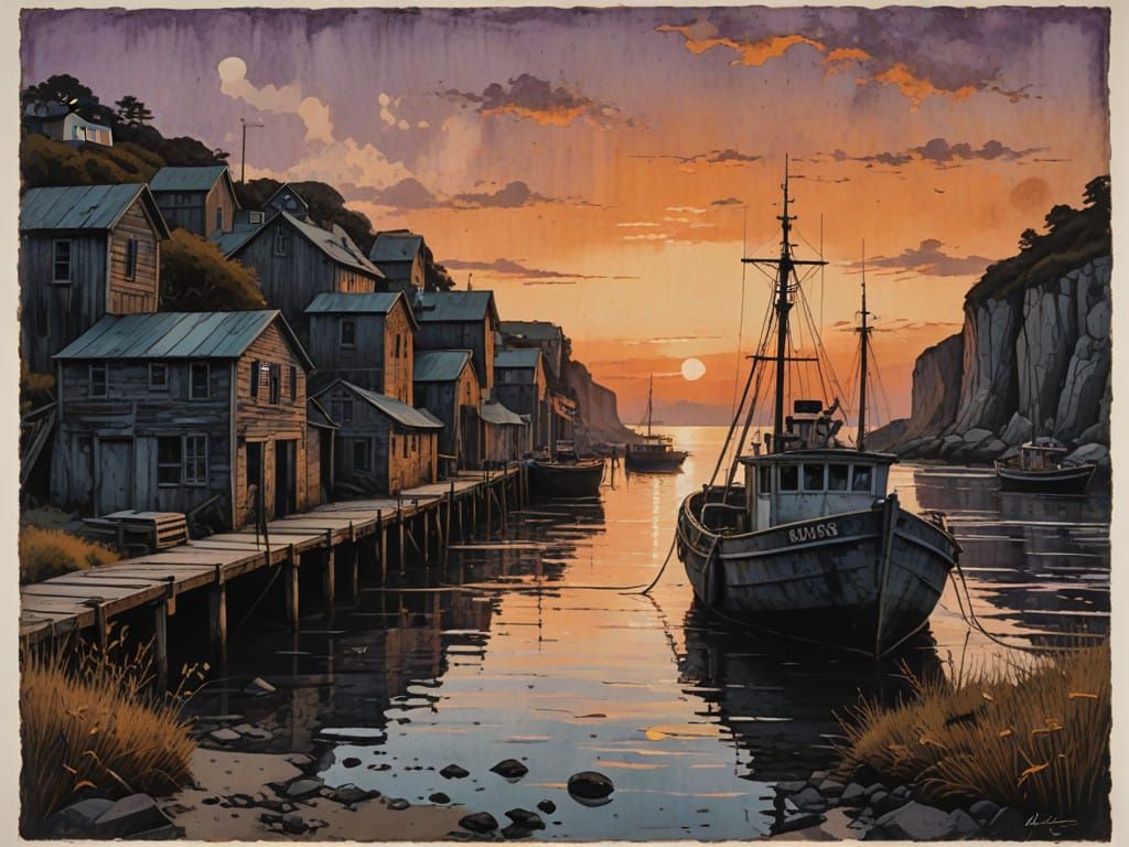 Twilight Seaside Harbor in Modern European Ink Painting
