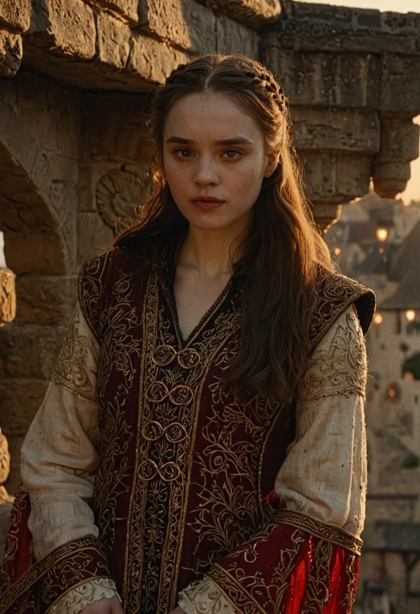 Medieval Woman on Balcony at Sunset: Fantasy Portrait