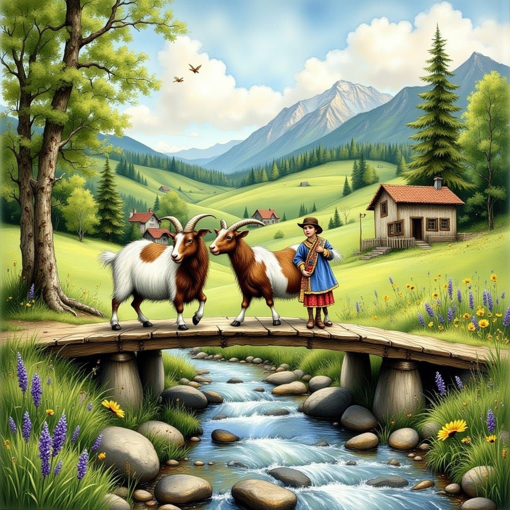 Ethereal Whimsy: 3 Billy Goats Gruff Crossing a River