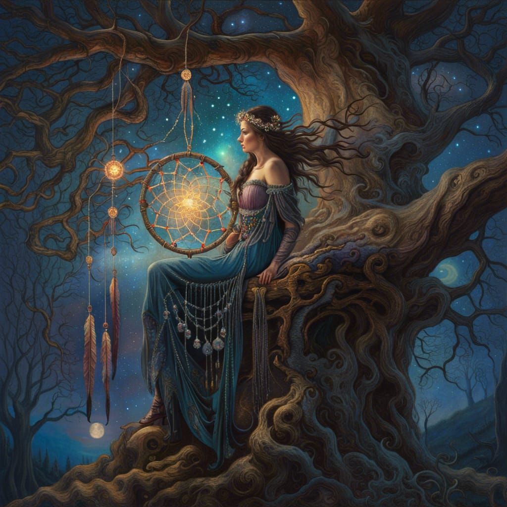 Dreamcatcher on Gnarled Tree Under Starry Night
