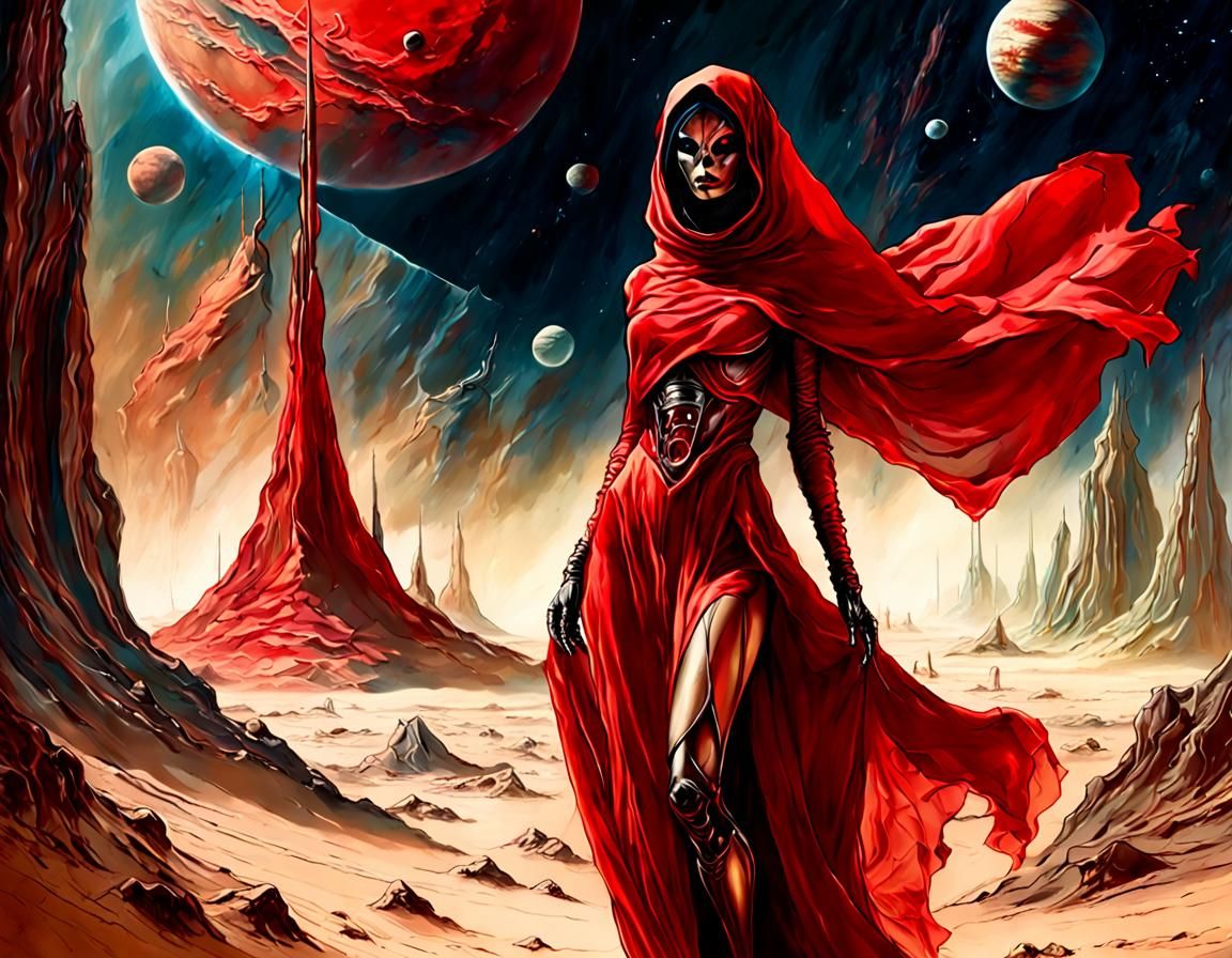 Alien Girl in Red Veil: Sci-Fi Illustration