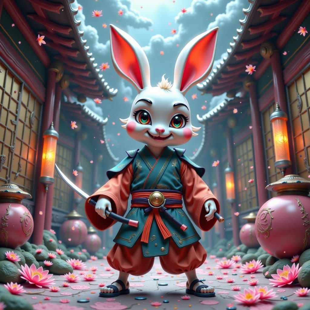 Cartoon Samurai Bunny in Fantasy Dojo, Pop Art Style