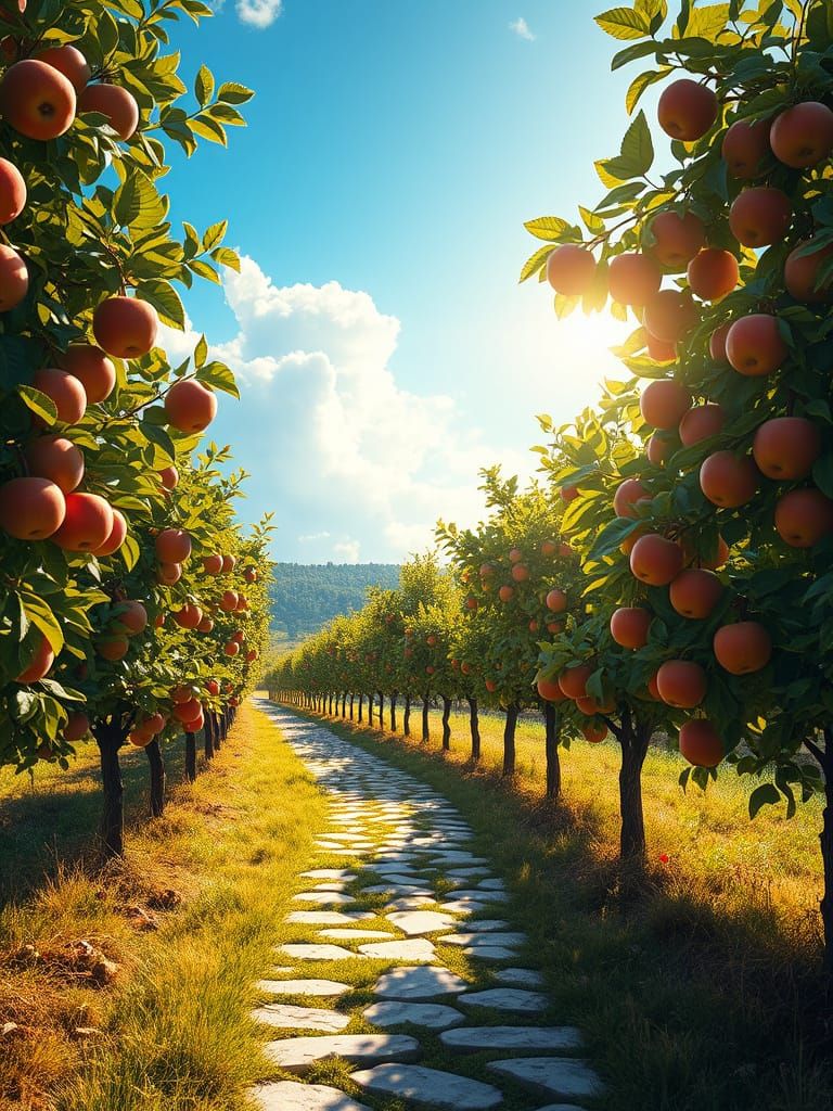 Sunlit Apple Orchard in Digital Painting Style