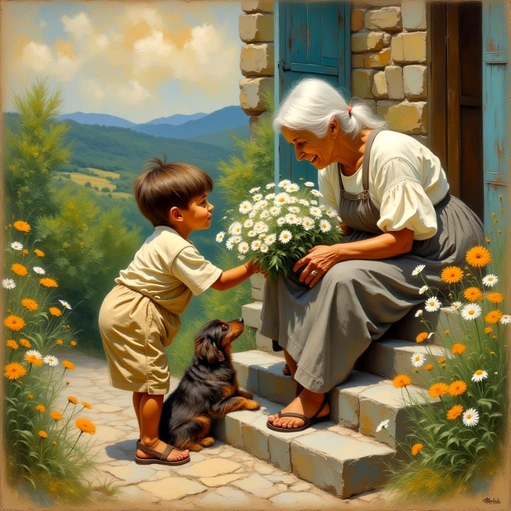 Heartwarming Countryside Scene as Impasto Painting