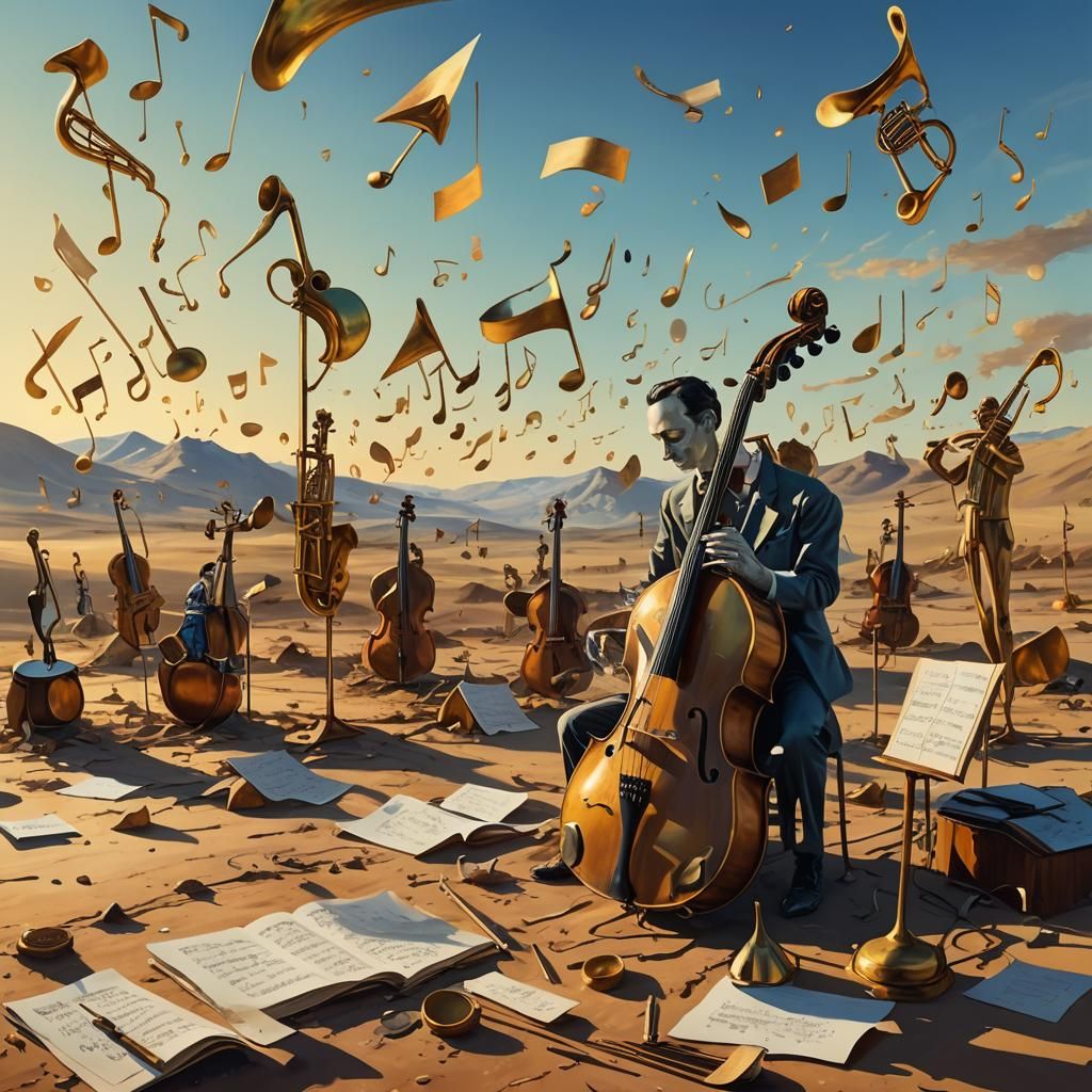 Surrealist Musical Instruments in Desolate Landscape