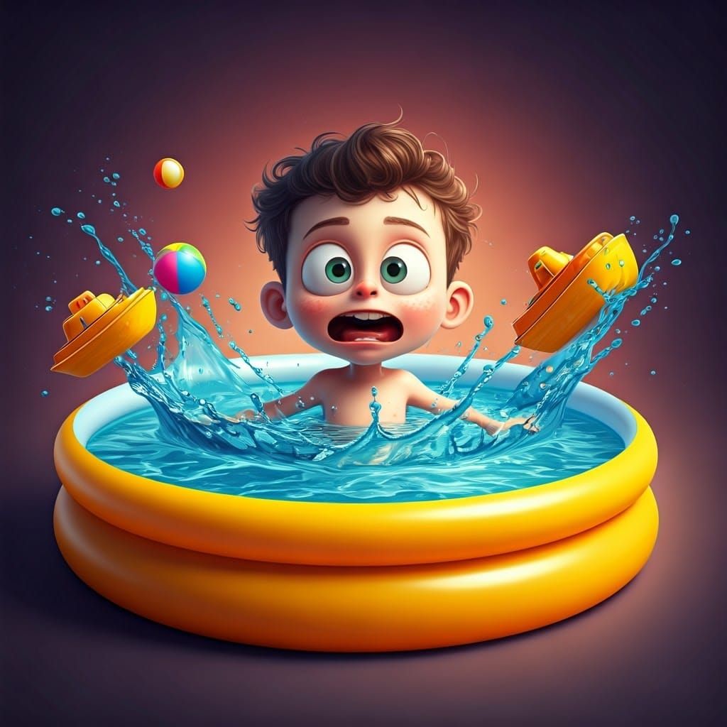 Comical Boy Plays in Vibrant Inflatable Pool Scene