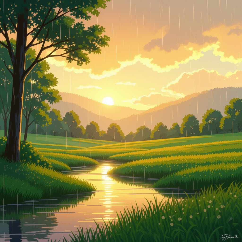 Rainy Summer Landscape in Cinematic Style
