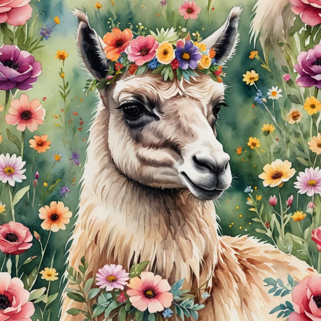 Watercolor Llama with Flower Crown in Field
