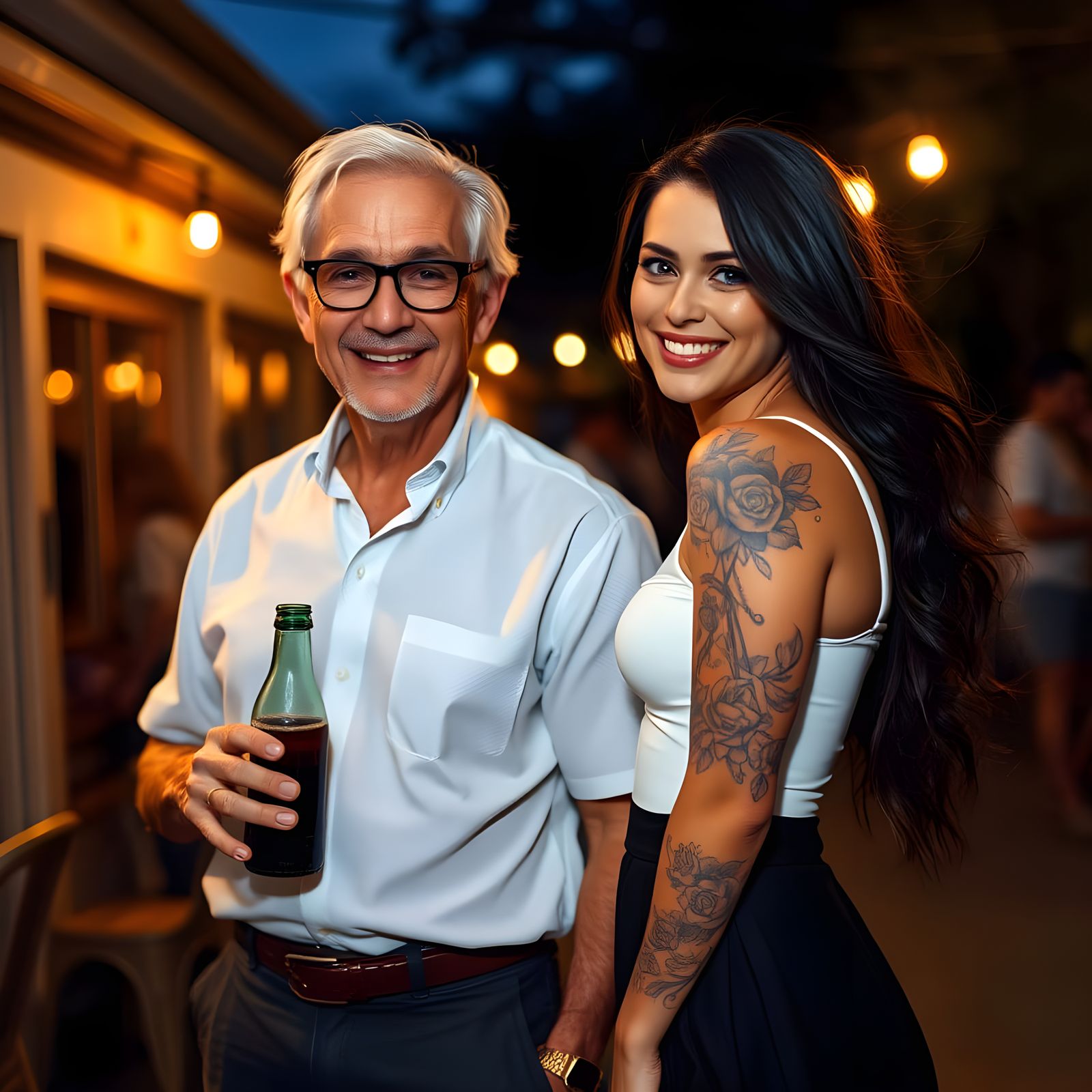 Happy Couple Enjoying a Moment Together in a Dimly Lit Outdo...