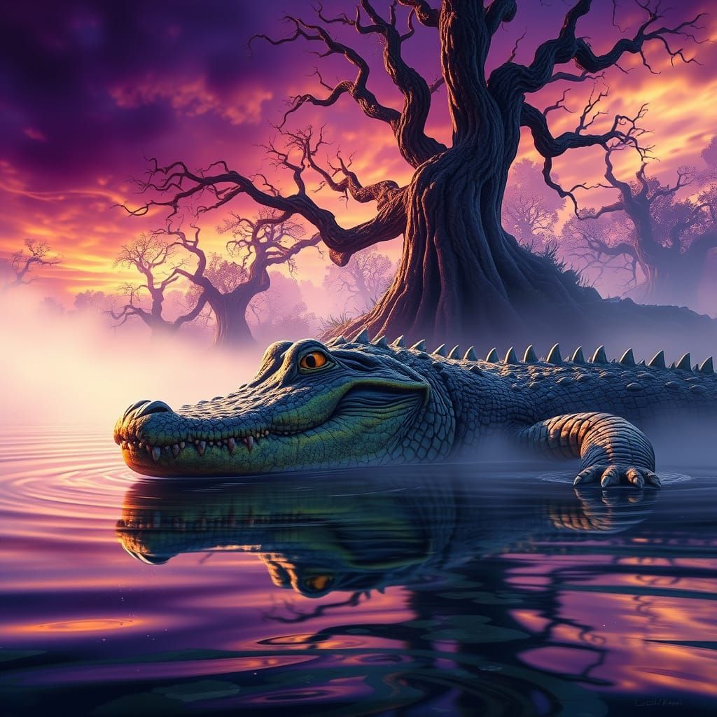 Bioluminescent Alligator Emerges from Misty Lake