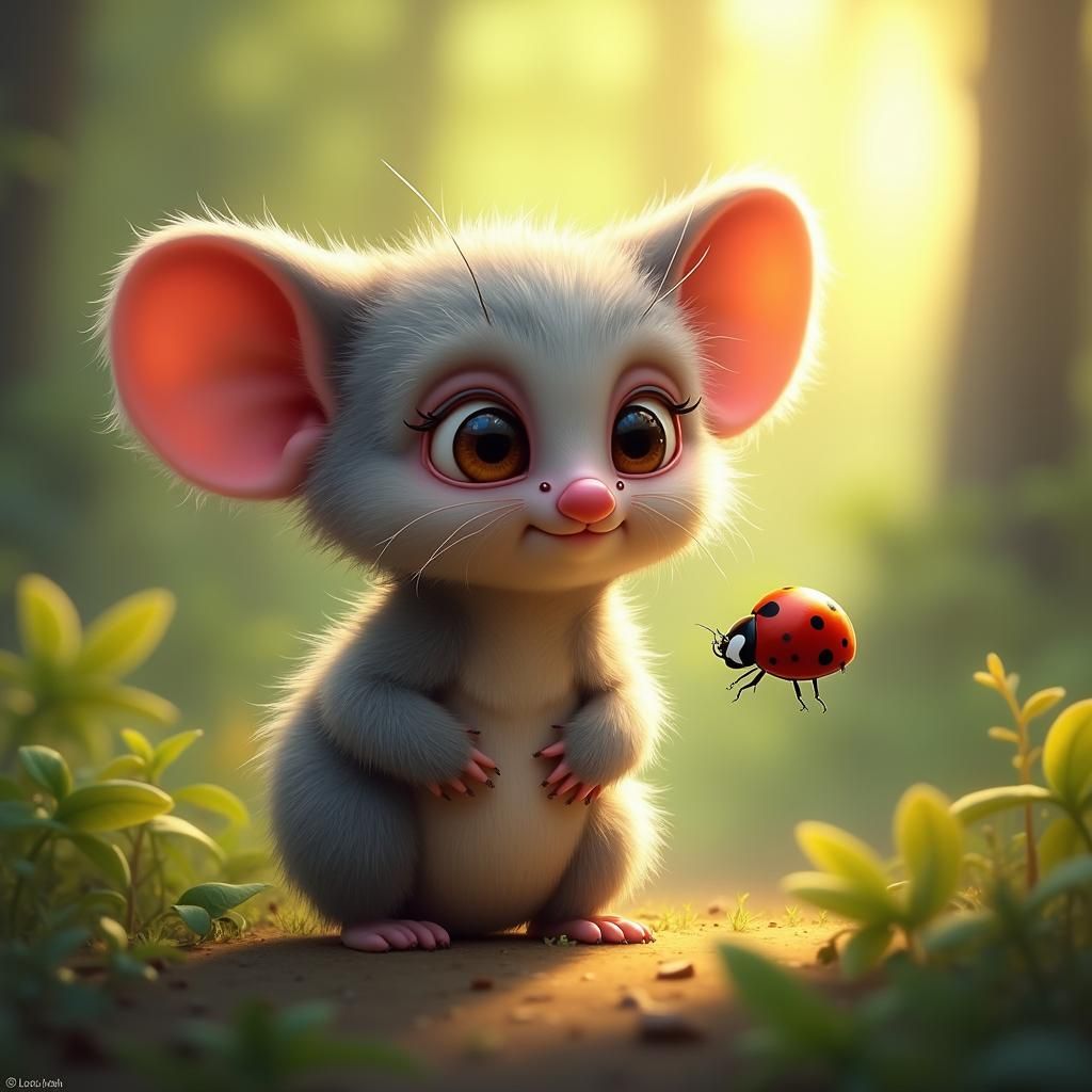 Bush Baby Gazing at Ladybug in Forest