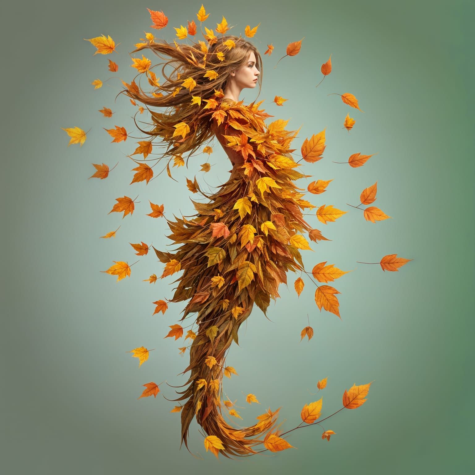Autumn Goddess Emerges from Swirling Leaves