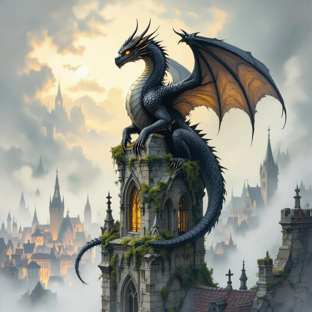 Ancient Dragon on Gothic Cathedral in Mystical Mist