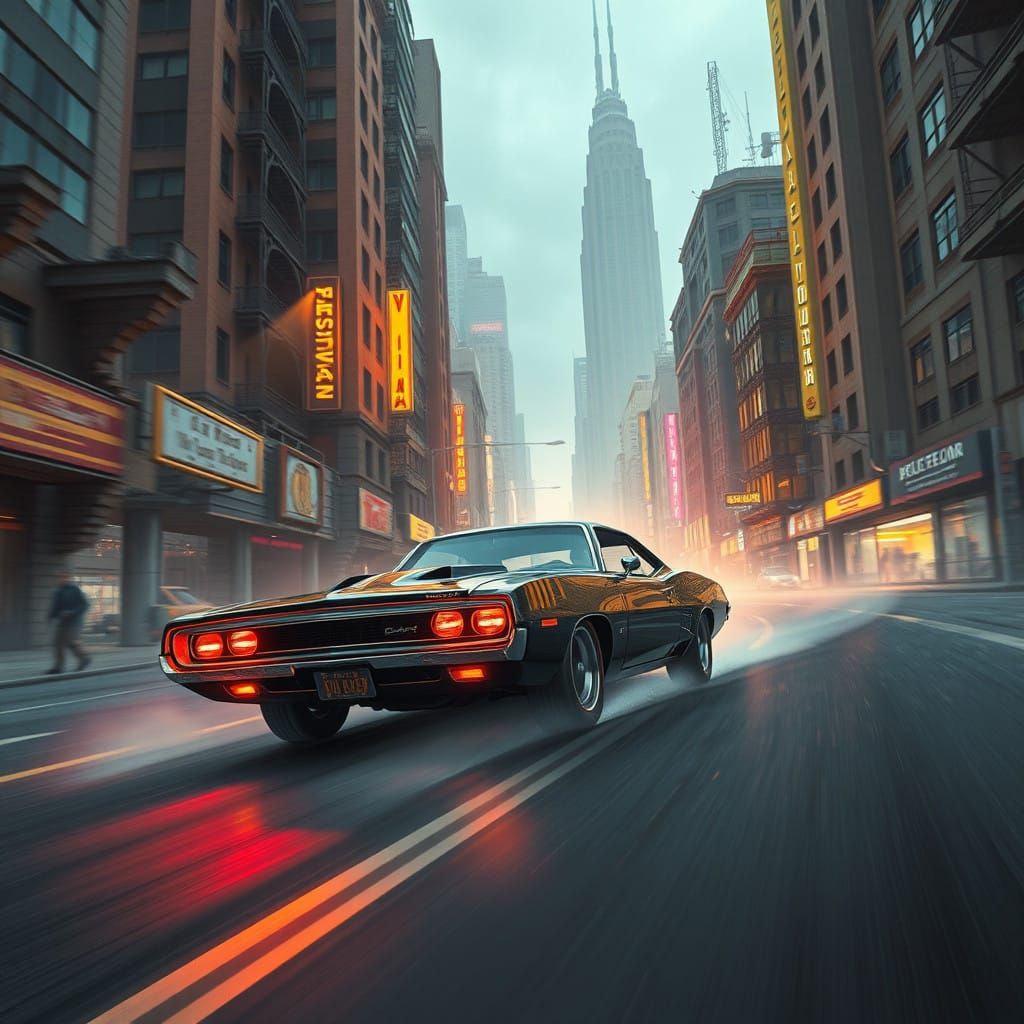 Retro Futuristic Muscle Car Speeds Through Cyberpunk City