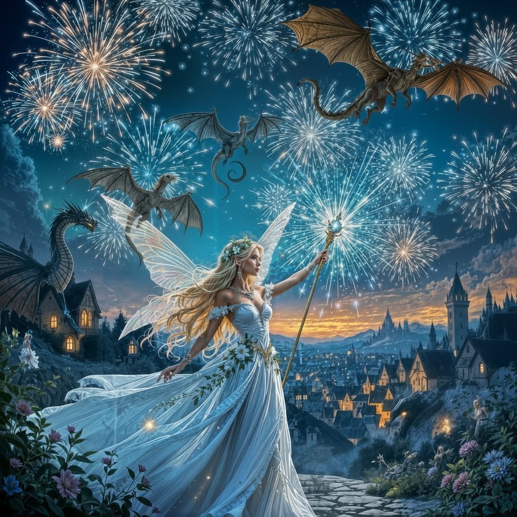 Fairy with Glowing Scepter Defends Village from Dragons