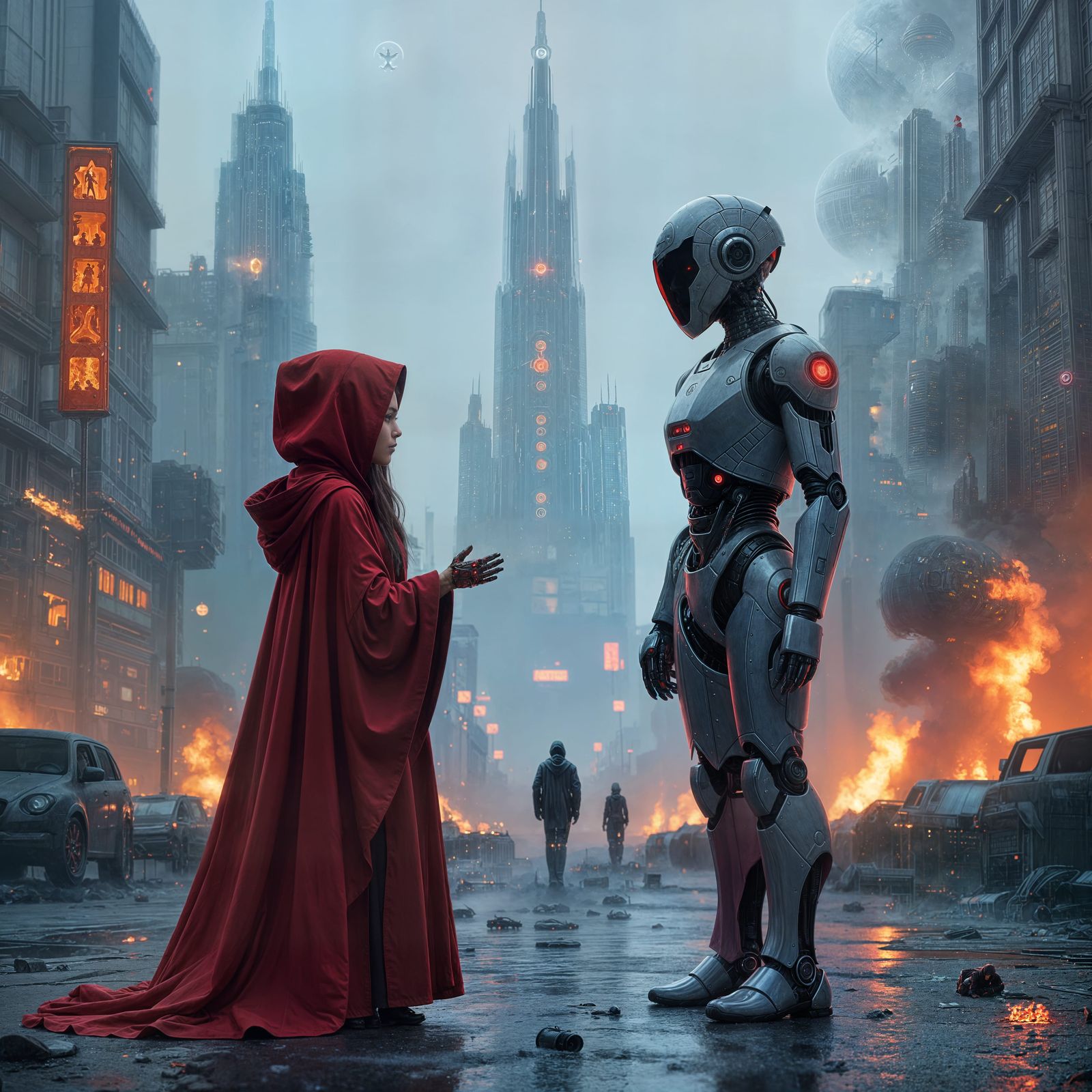 Burning Futuristic City During Machine Uprising