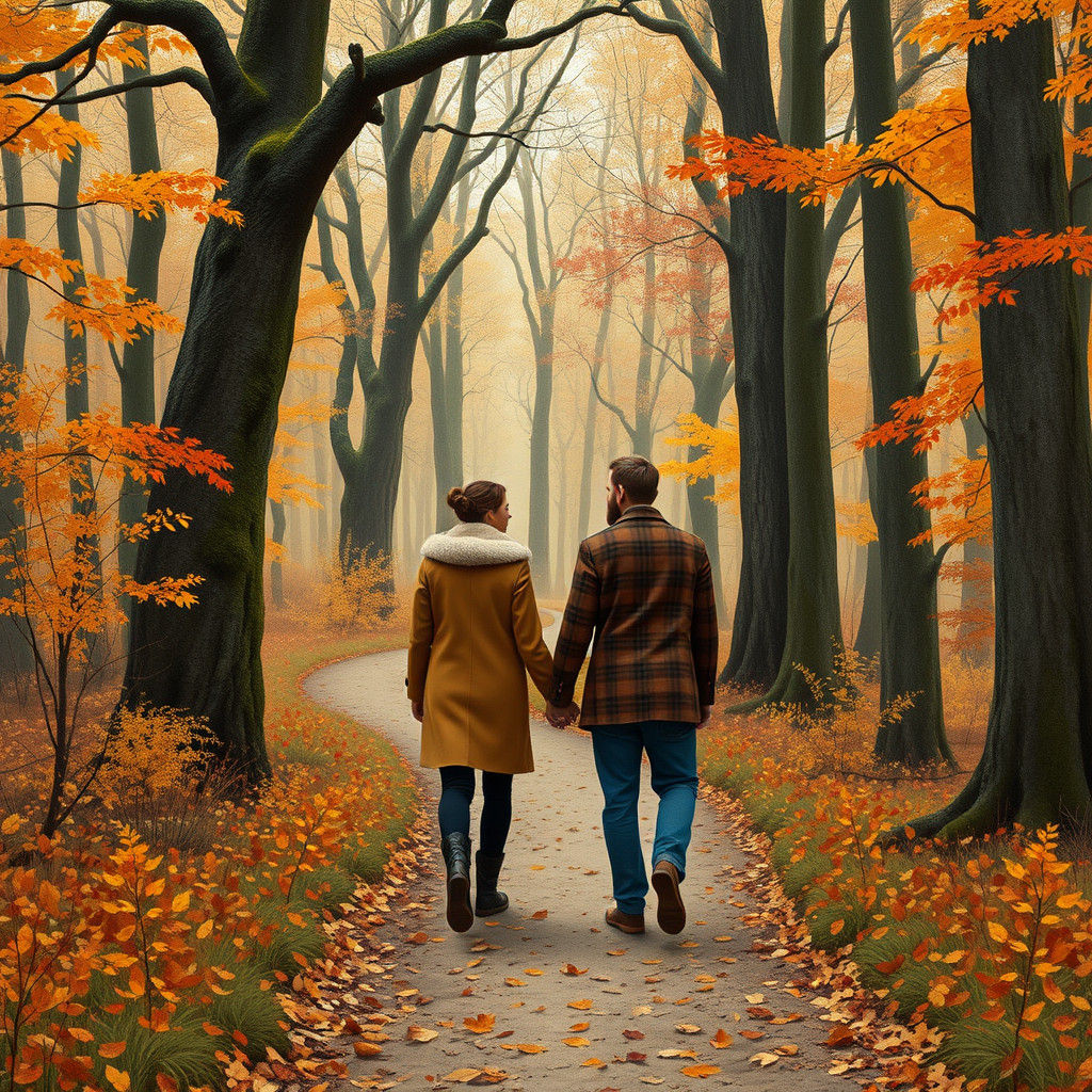 Autumn Couple Stroll in Dreamlike Forest