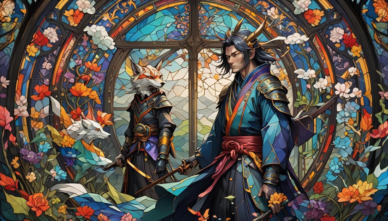 Art Nouveau Samurai Origami with Gothic Stained Glass