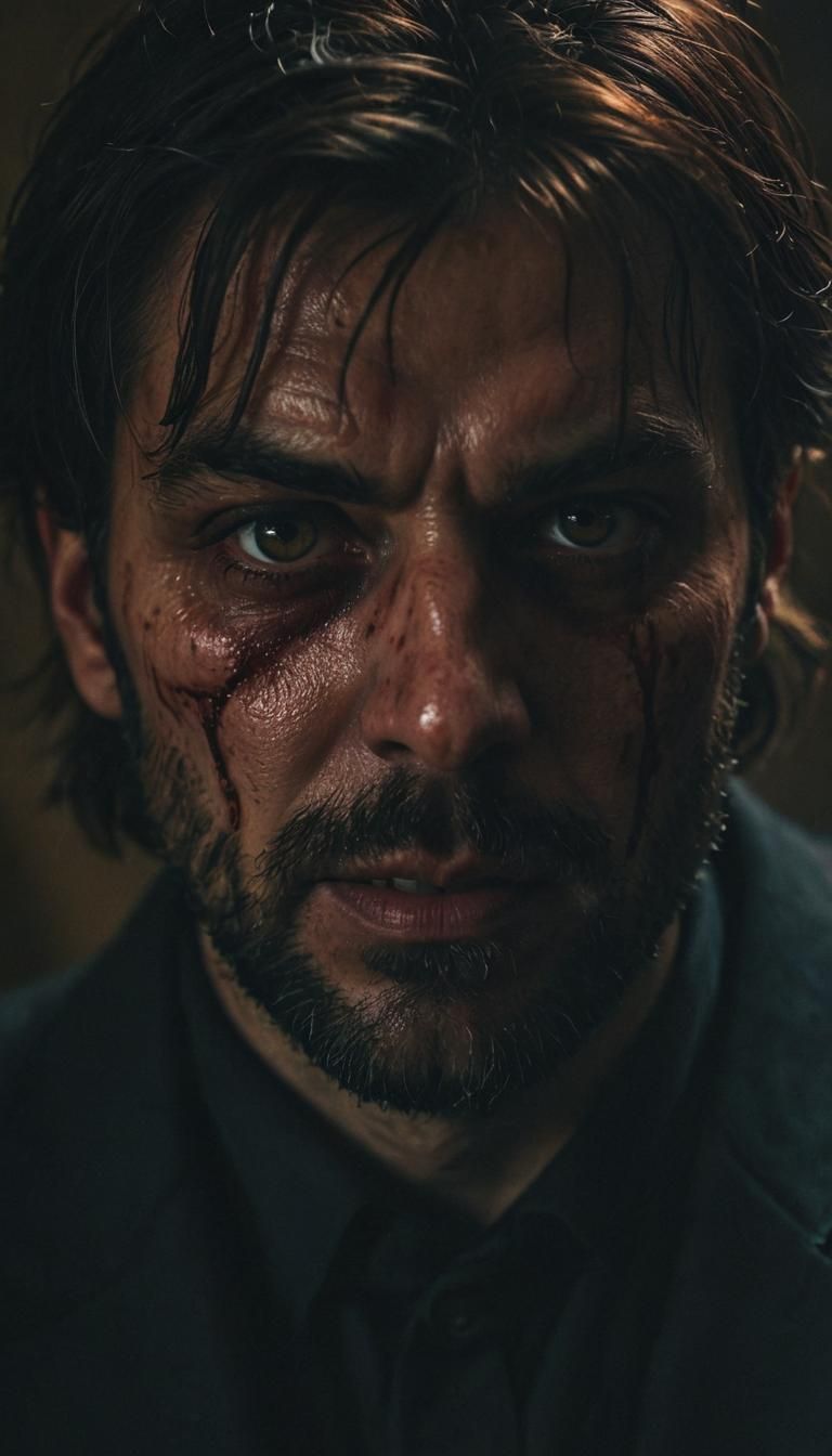 Menacing Man's Dark Portrait with Blood