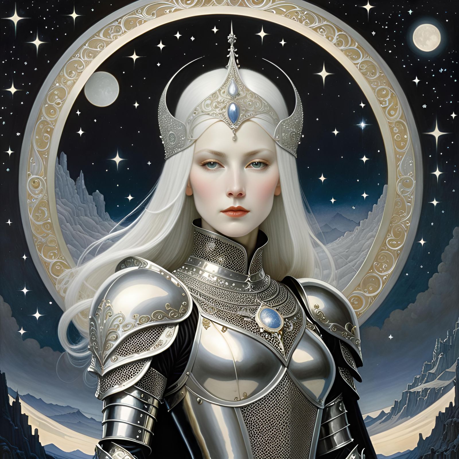 Silver Haired Woman in Silver Armor Portrait