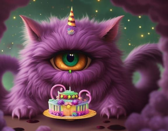 Cute Purple Monsters Celebrate with Birthday Cake