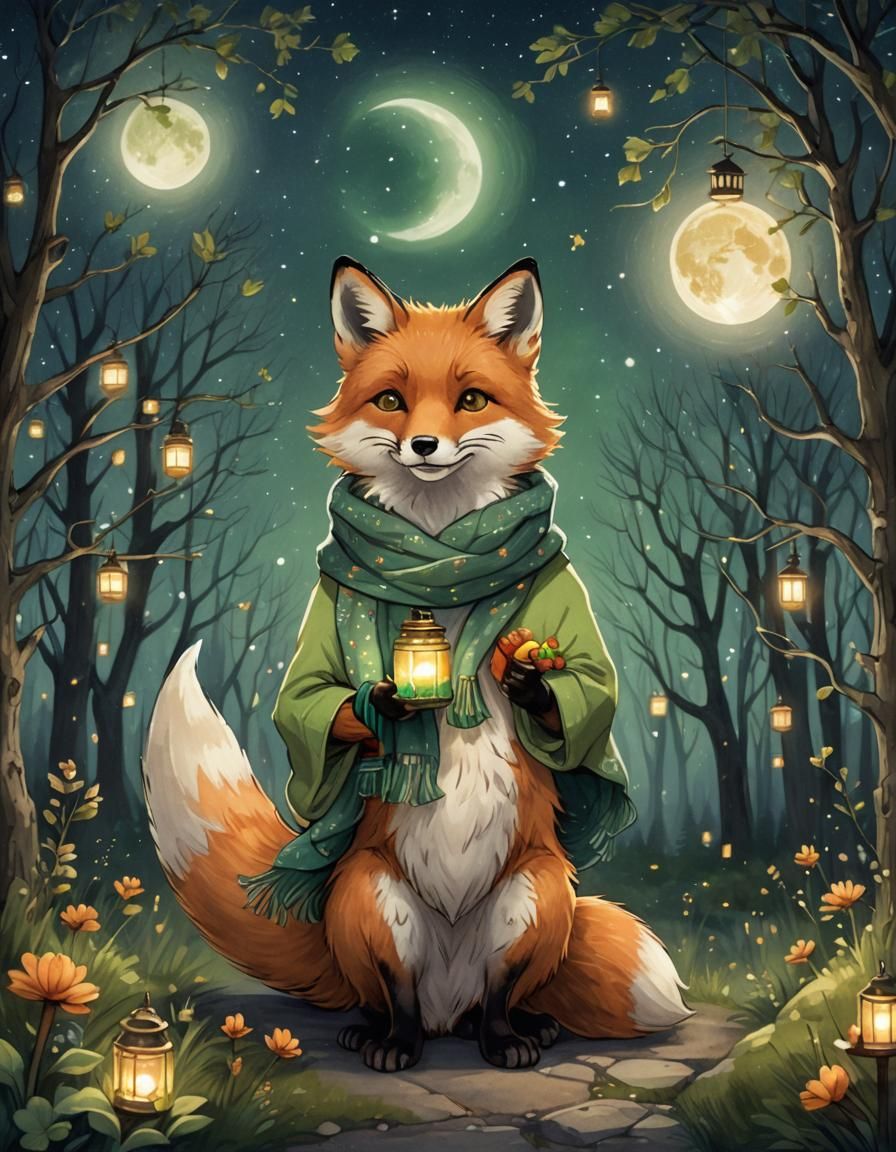 Enchanted Fox with Glowing Jar Under Moon