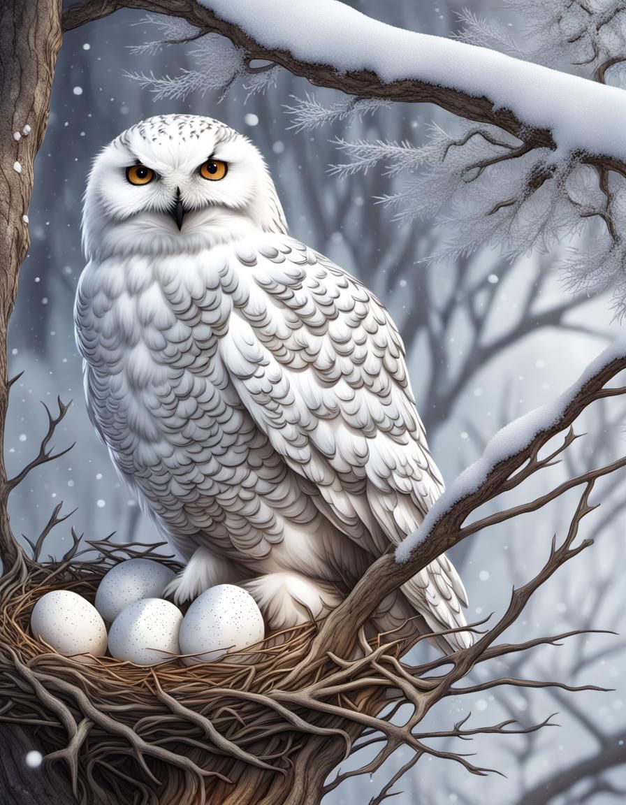 Hyperrealistic Snowy Owl Protecting Eggs in Winter