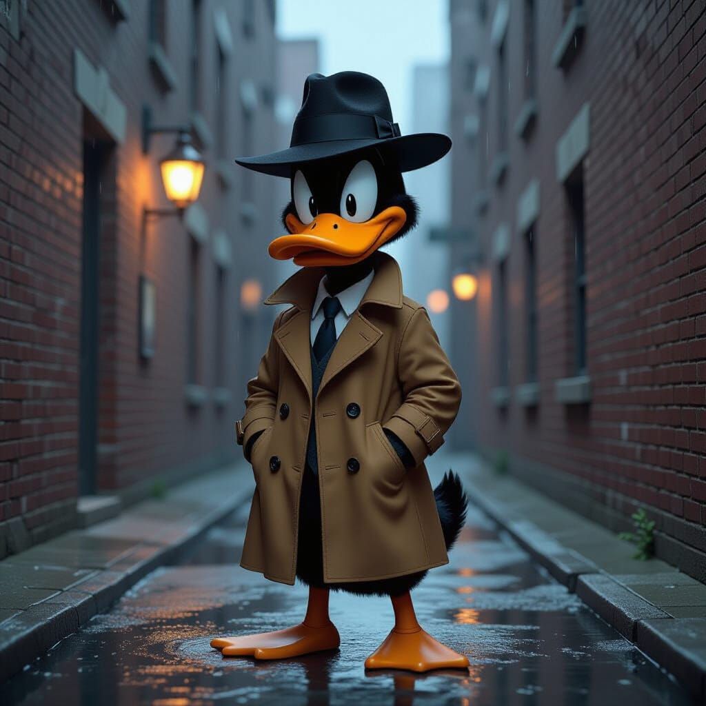 Daffy Duck as Noir Detective in Chicago Alleyway