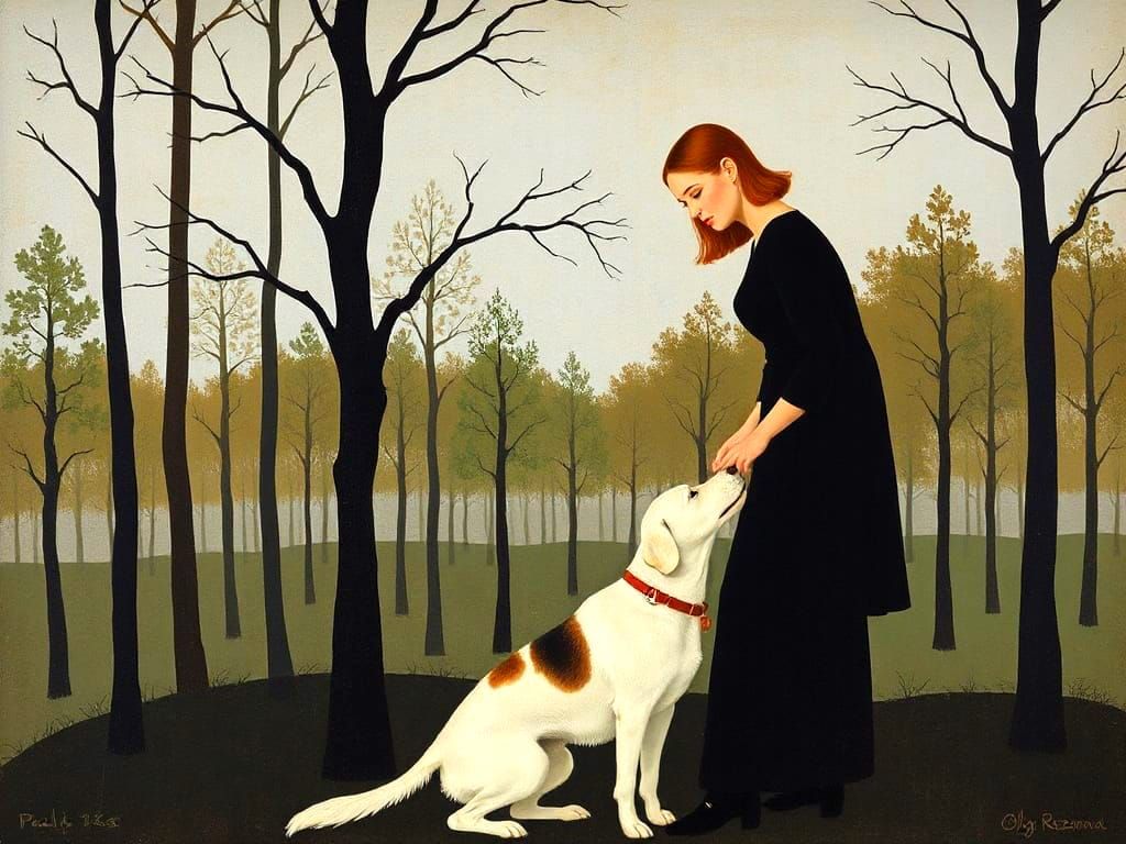 Woman and Dog in Forest: Minimalist Art