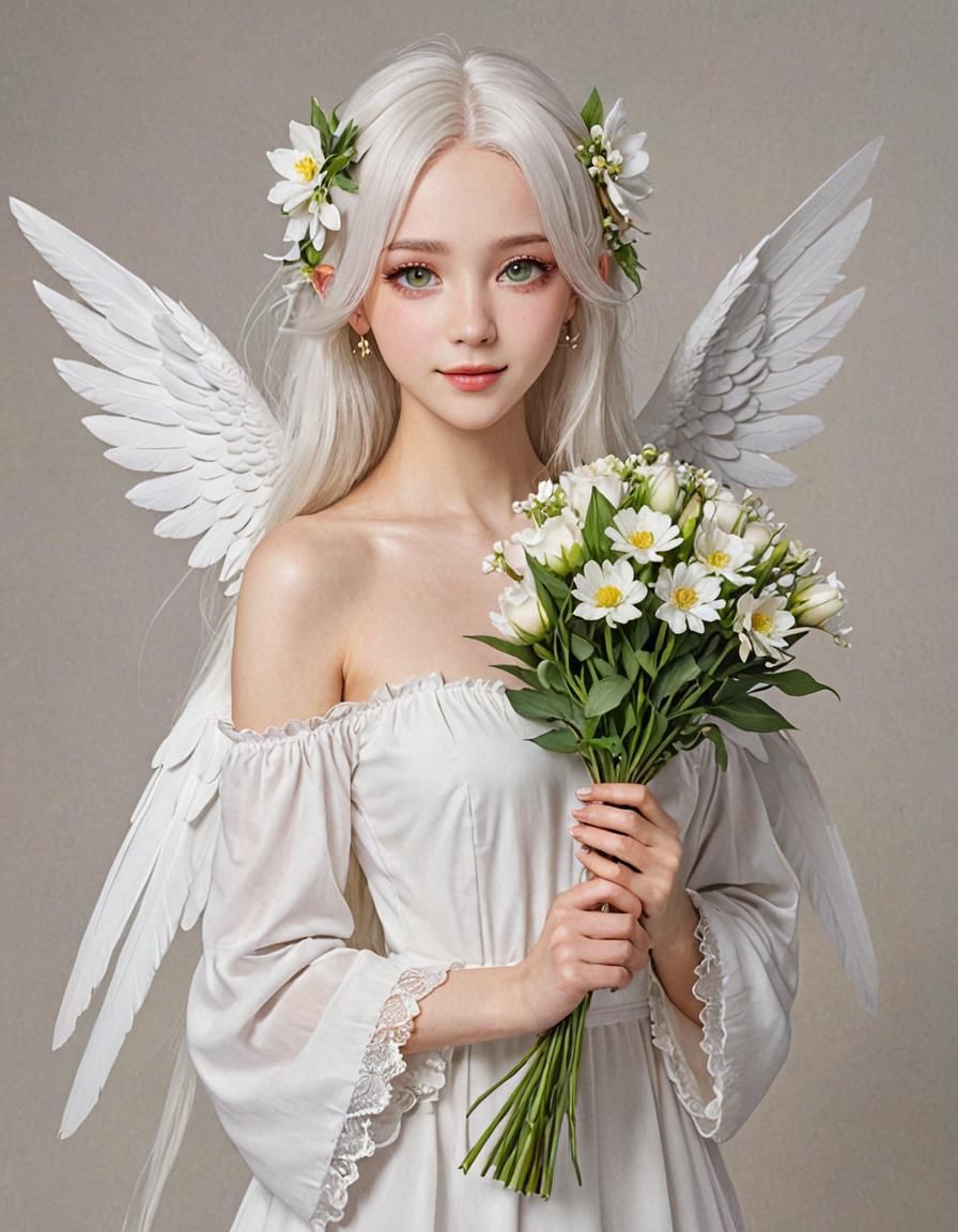 Anime Angel with Flowers and White Wings