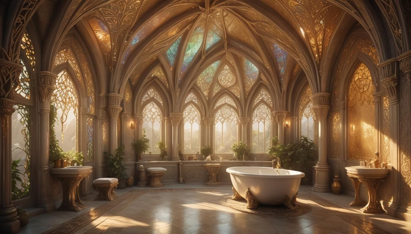 Ethereal Elven Bathroom with Golden Light in 8K
