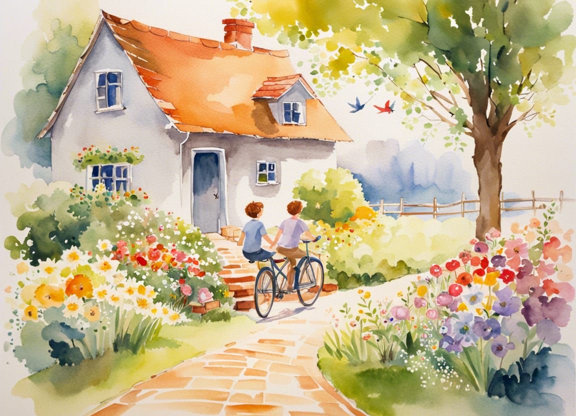 Dreamy Watercolor Couple on Swing, Studio Ghibli Style