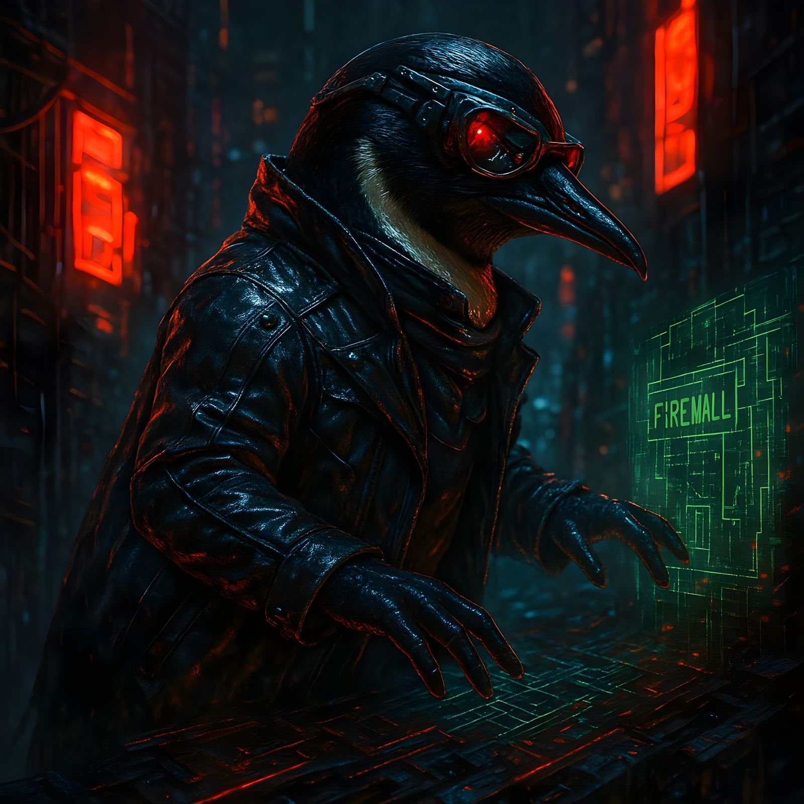 Cyberpunk Penguin Hacker in Dystopian Cityscape