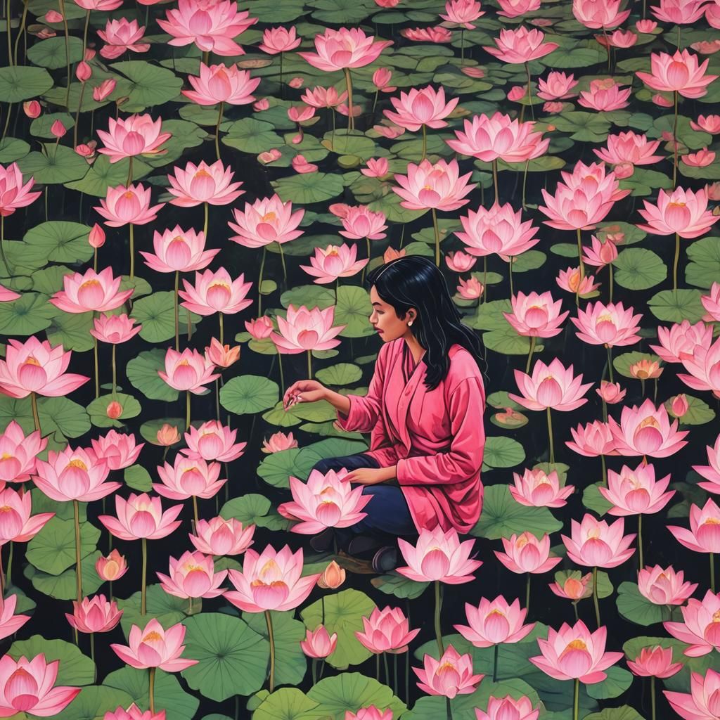 Girl Surrounded by Flowers in Cinematic Lighting