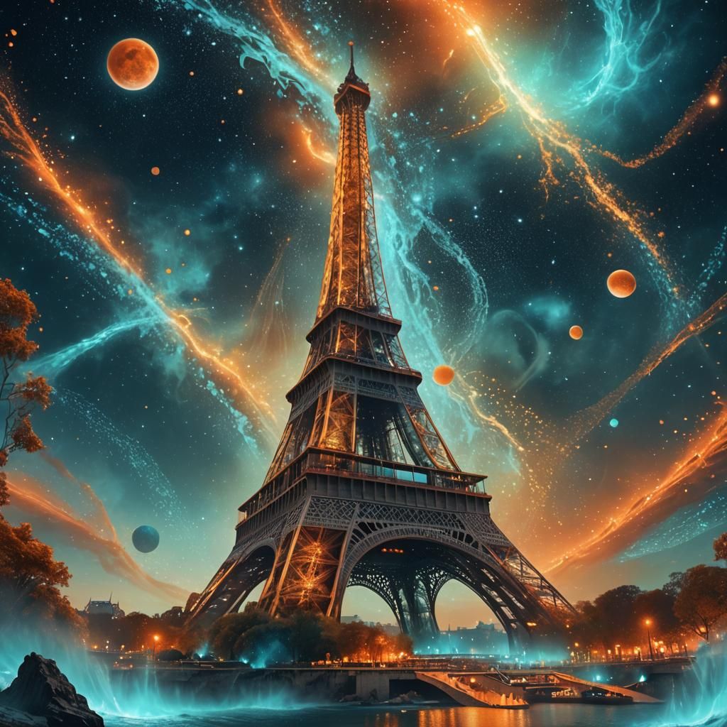 Eiffel Tower Floating in a Starry Cosmic Ocean
