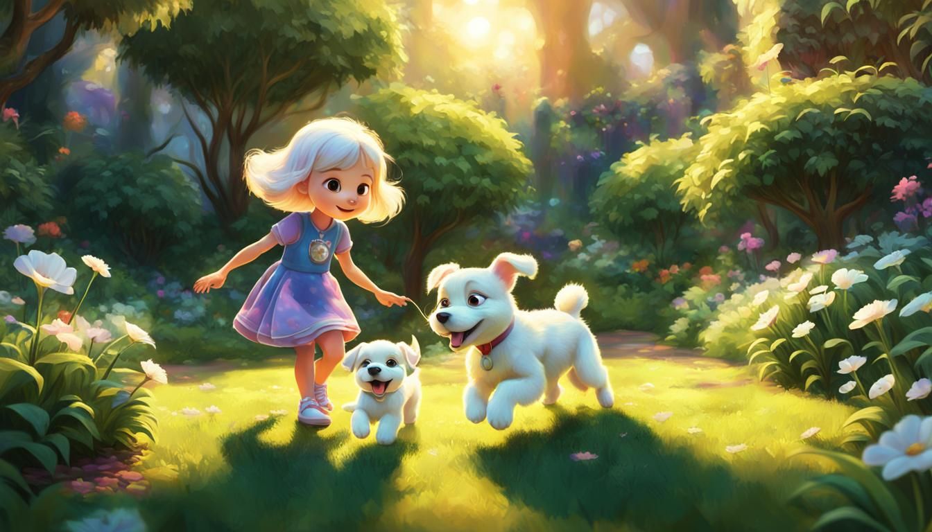 Sisters Play with Puppy in Garden: Pixar Concept Art