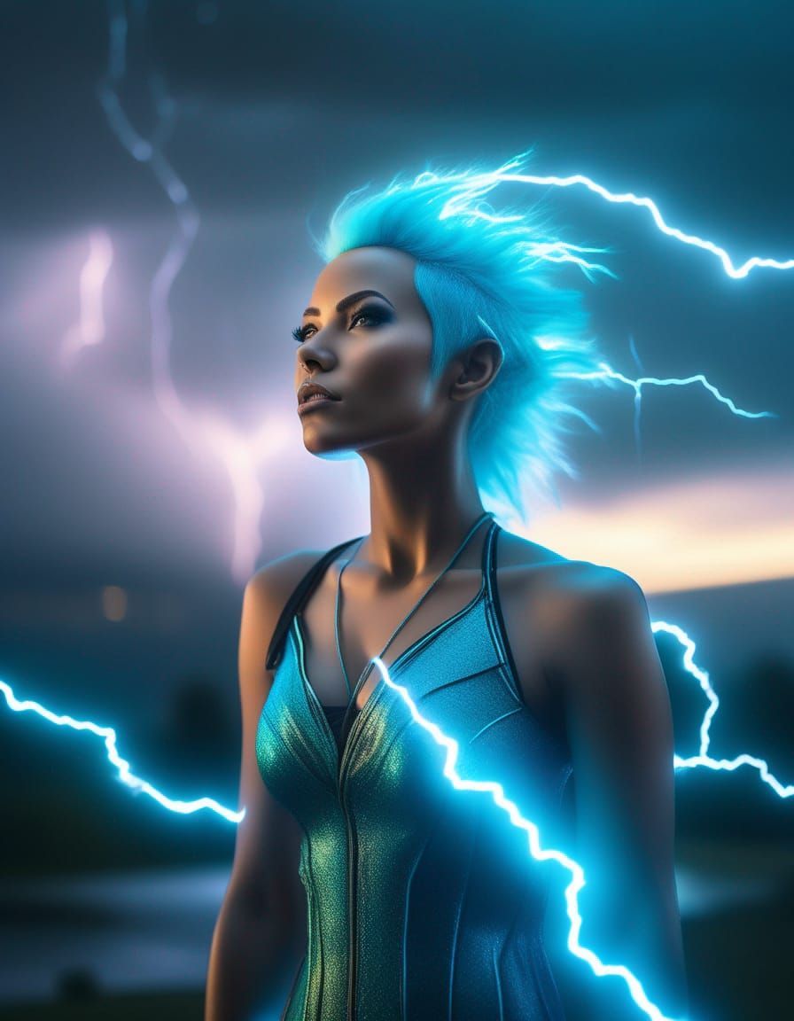 Cyan-Haired Lightning Goddess in a Storm