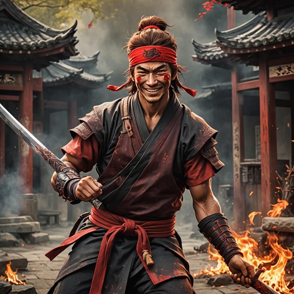 Grinning Teenage Ninja in Burning Dojo