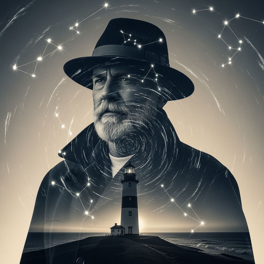Lighthouse Keeper Double Exposure with Sea and Stars